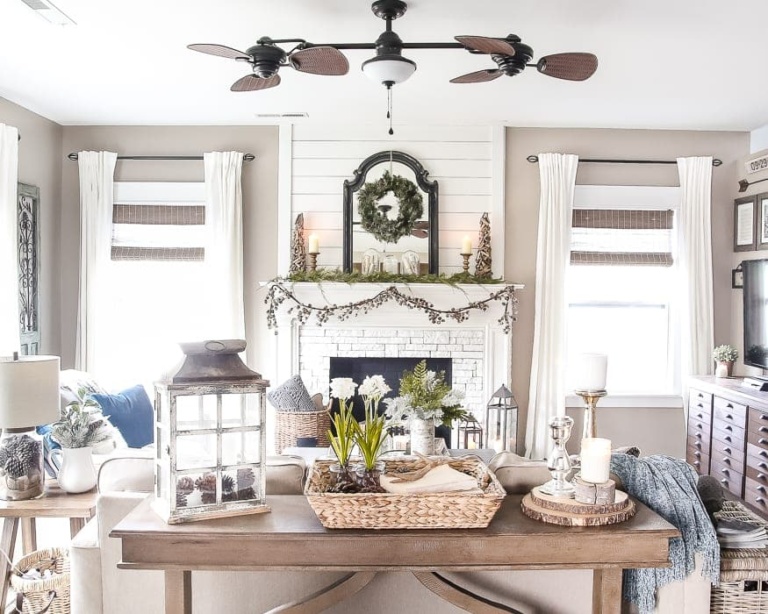 After-Christmas Winter Mantel and Living Room
