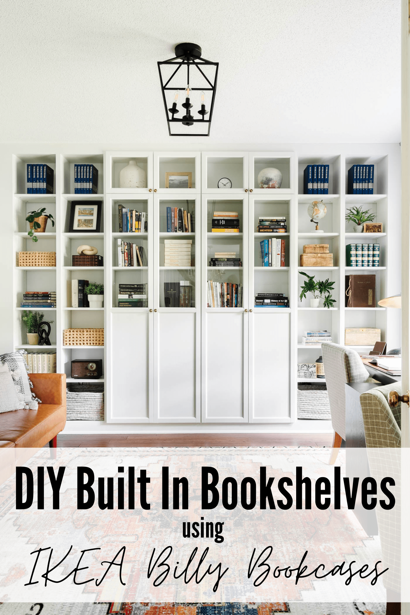 home office DIY built in bookshelves using the IKEA Billy Bookcase hack 