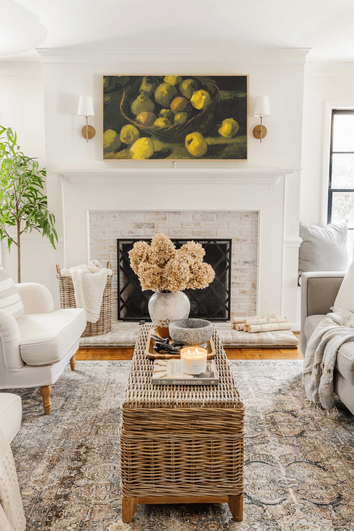 Samsung Frame TV in living room with still life art