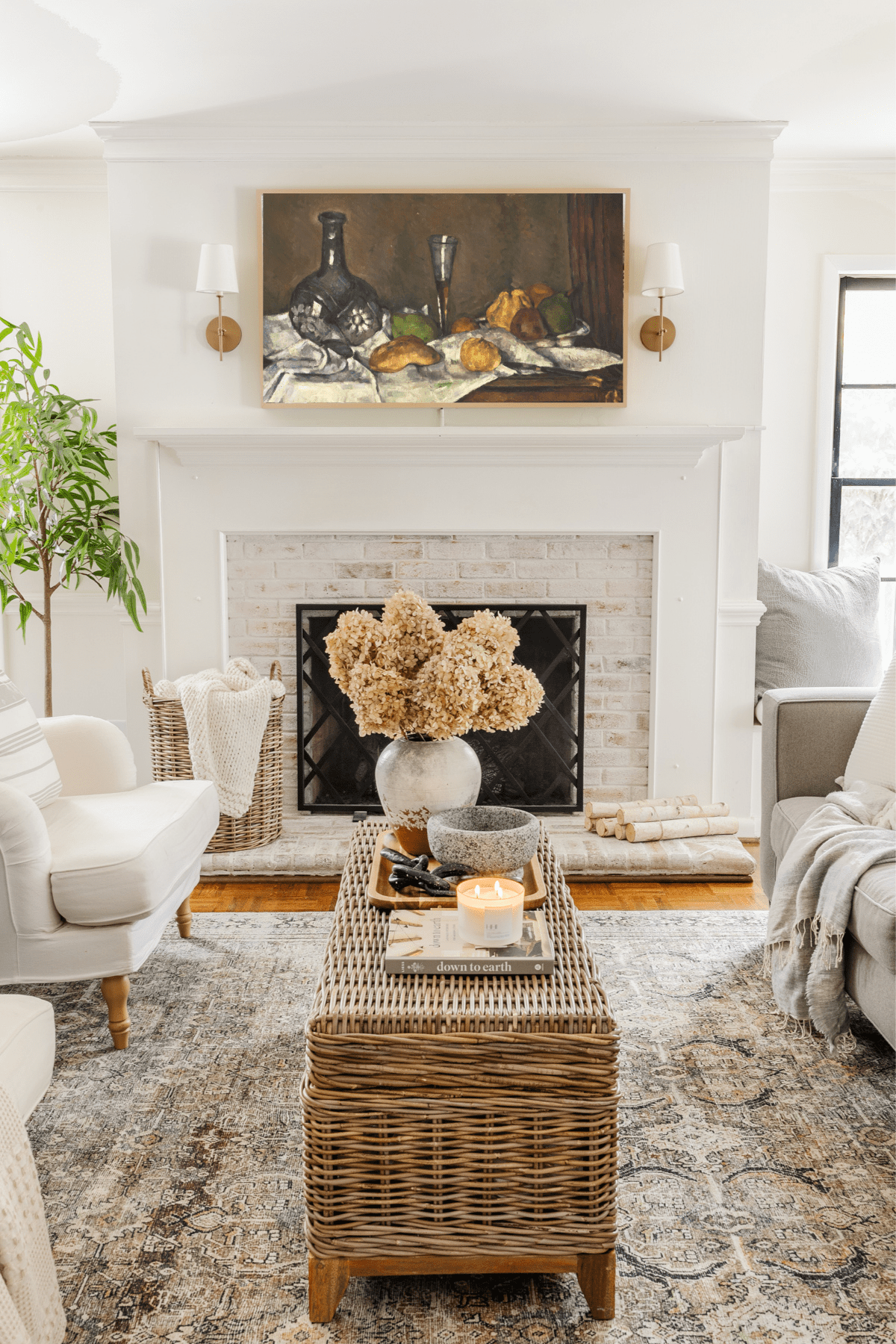 Samsung Frame TV in living room with still life art