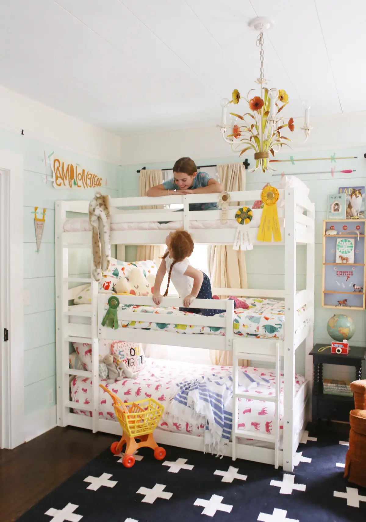 white triple bunk bed with eclectic cottage style 